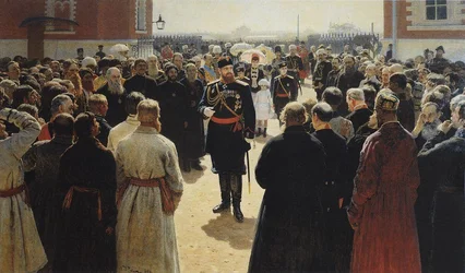 Aleksander III ottaa vastaan maaseudun vanhimpia Moskovan Petrovskin palatsin pihalla.